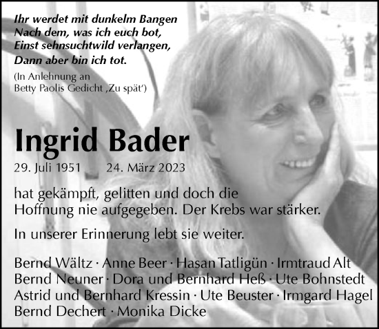 Traueranzeige von Ingrid Bader von OF