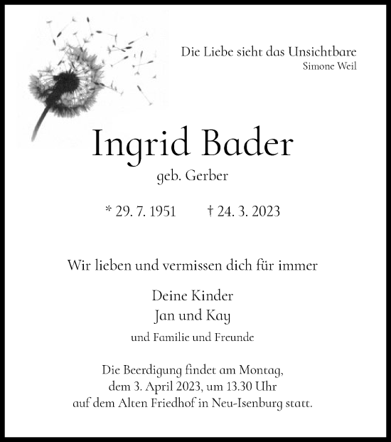 Traueranzeige von Ingrid Bader von OF