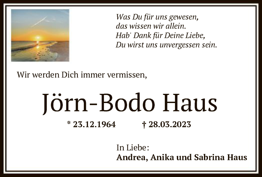  Traueranzeige für Jörn-Bodo Haus vom 15.04.2023 aus OF