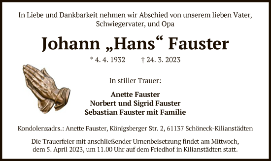 Traueranzeige von Johann Fauster von OF