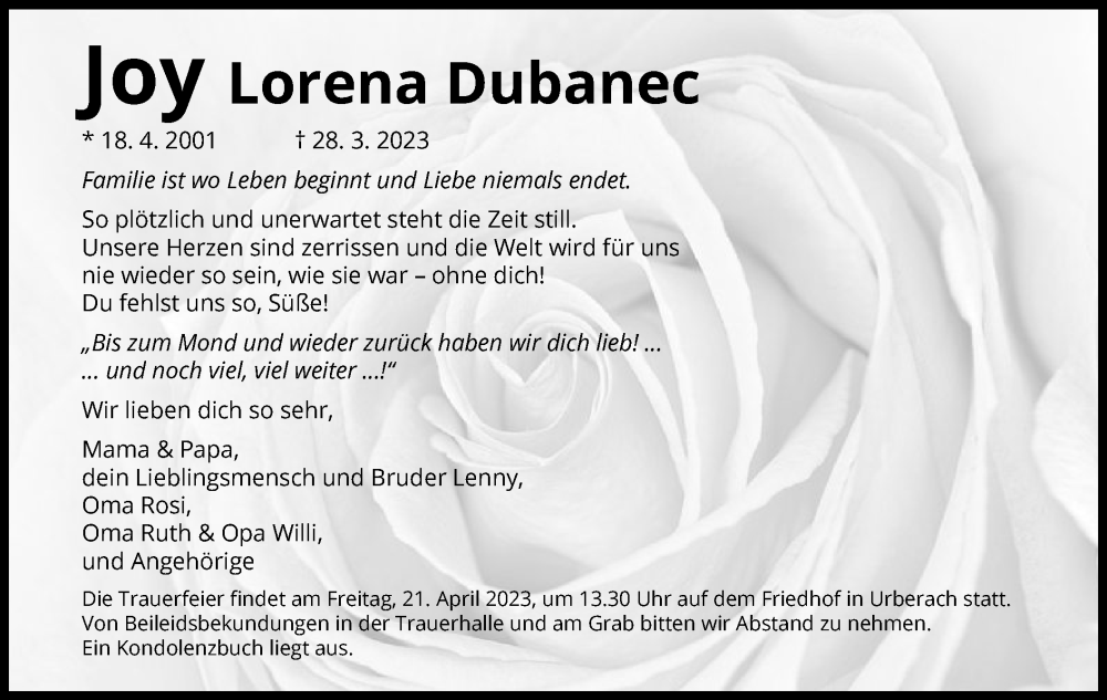  Traueranzeige für Joy Lorena Dubanec vom 12.04.2023 aus OF