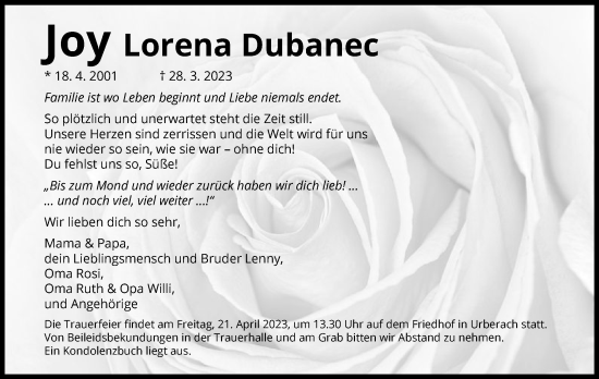 Traueranzeige von Joy Lorena Dubanec von OF