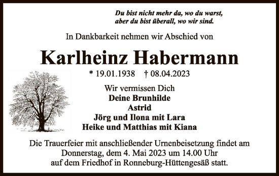 Traueranzeige von Karlheinz Habermann von OF