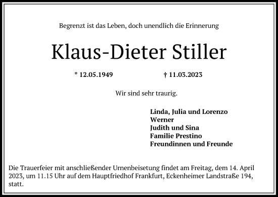 Traueranzeige von Klaus-Dieter Stiller von OF