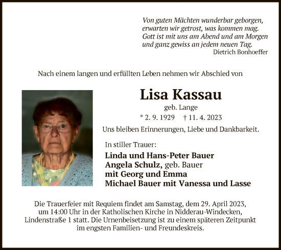 Traueranzeige von Lisa Kassau von OF