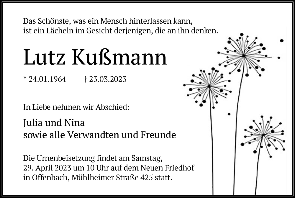  Traueranzeige für Lutz Kußmann vom 22.04.2023 aus OF