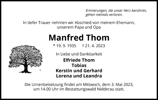 Traueranzeige von Manfred Thom von OF