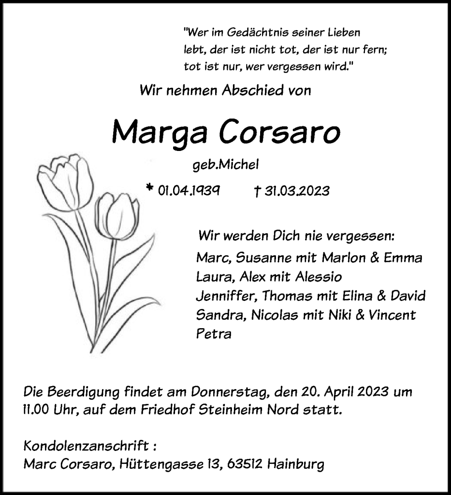  Traueranzeige für Marga Corsaro vom 08.04.2023 aus OF