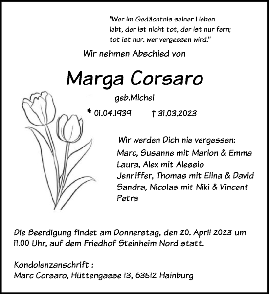 Traueranzeige von Marga Corsaro von OF