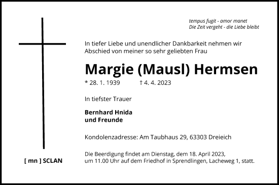 Traueranzeige von Margie Hermsen von OF