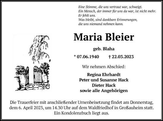 Traueranzeige von Maria Bleier von OF