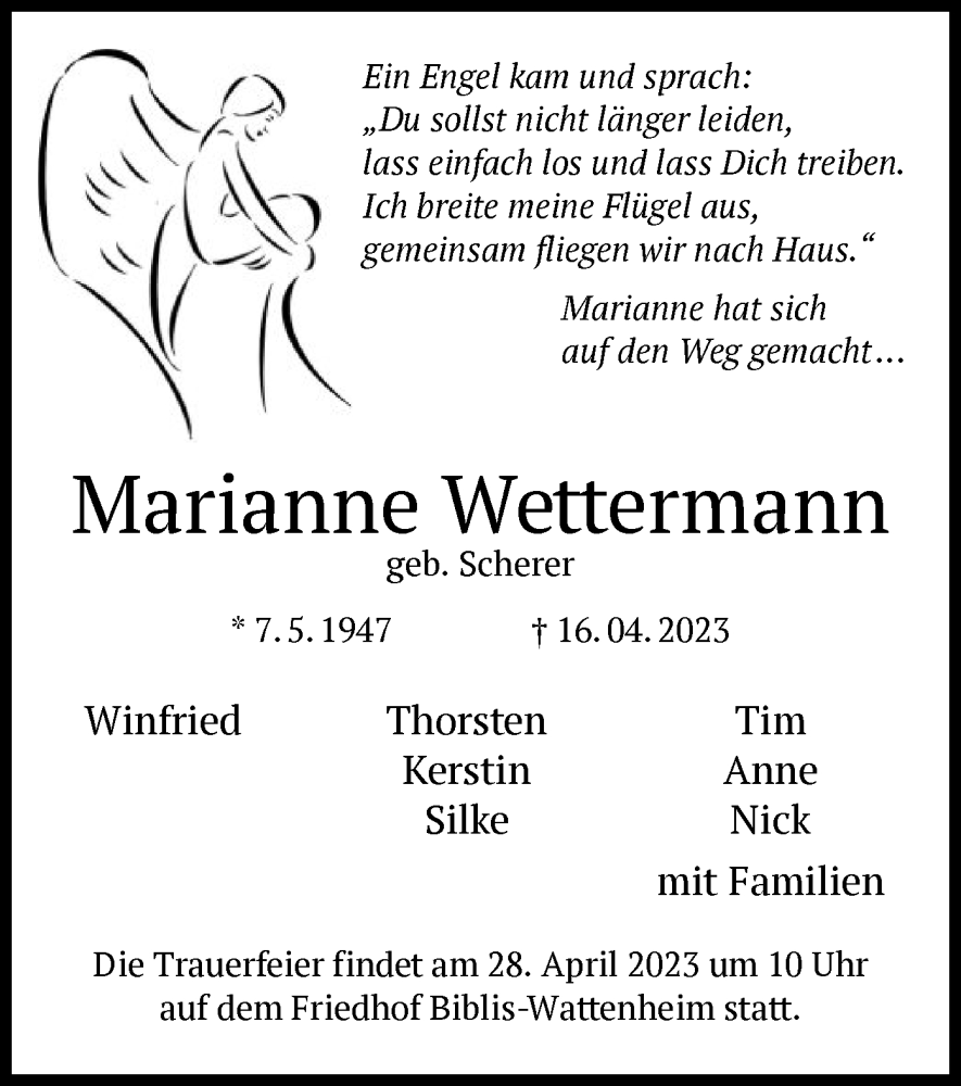  Traueranzeige für Marianne Wettermann vom 27.04.2023 aus OF