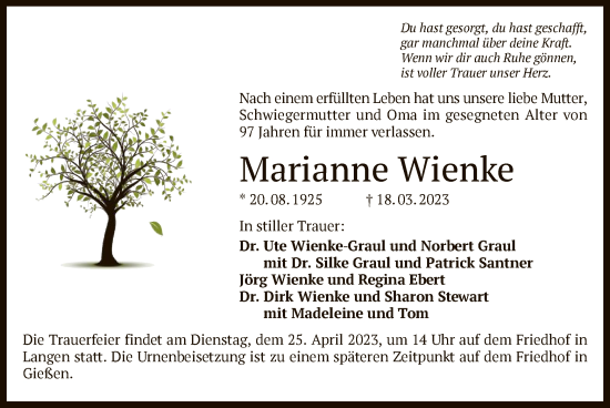 Traueranzeige von Marianne Wienke von OF