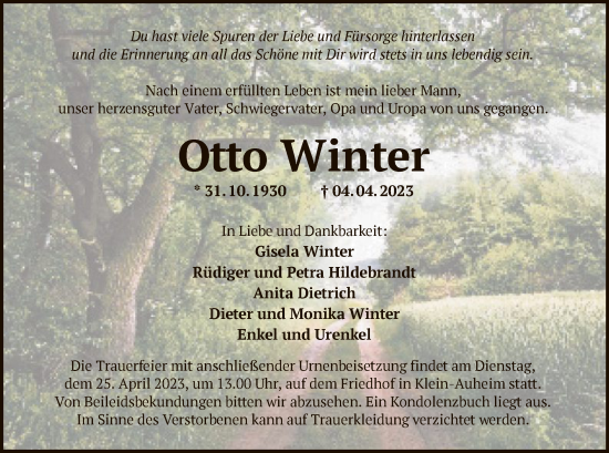 Traueranzeige von Otto Winter von OF