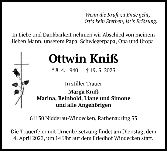 Traueranzeige von Ottwin Kniß von OF