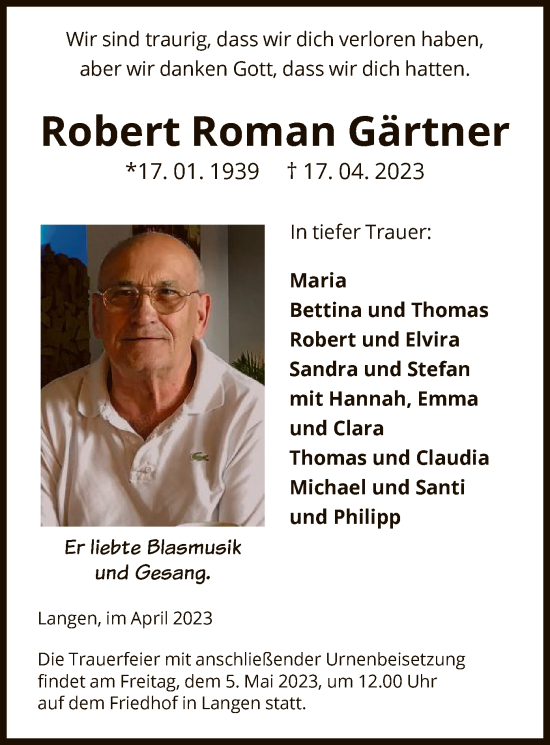 Traueranzeige von Robert Roman Gärtner von OF