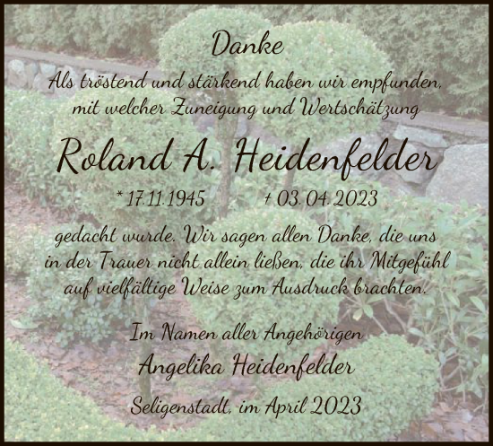 Traueranzeige von Roland A. Heidenfelder von OF