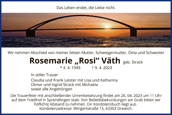 Traueranzeige von Rosemarie Väth von OF