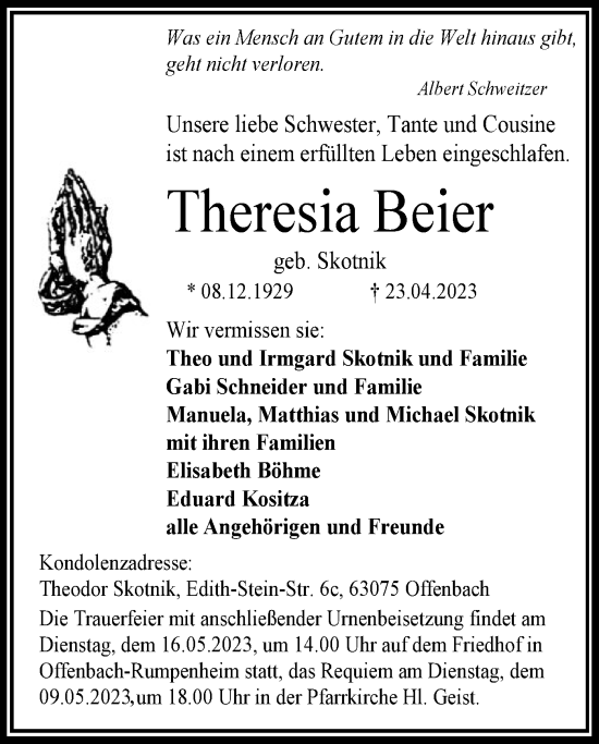 Traueranzeige von Theresia Beier von OF