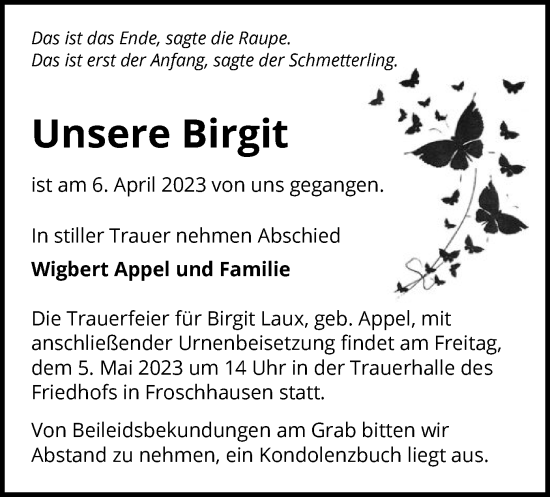 Traueranzeige von Unsere Birgit von OF