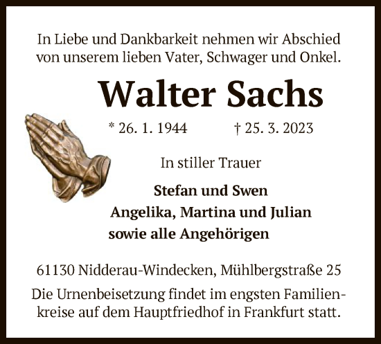 Traueranzeige von Walter Sachs von OF