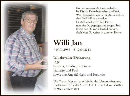 Traueranzeige von Willi Jan von OF