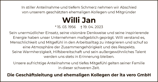 Traueranzeige von Willi Jan von OF