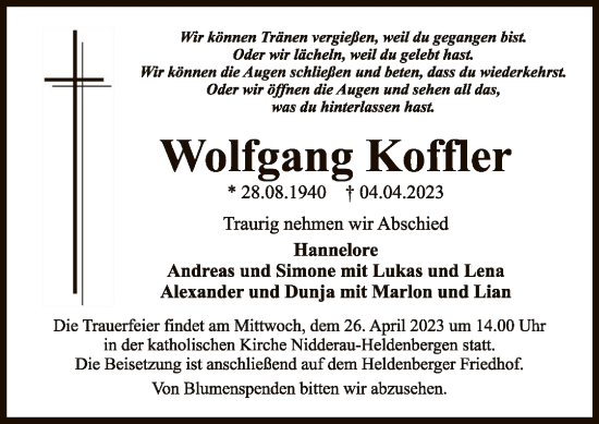 Traueranzeige von Wolfgang Koffler von OF