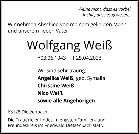 Traueranzeige von Wolfgang Weiß von OF