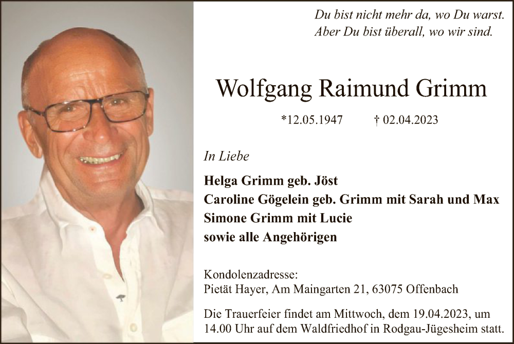  Traueranzeige für Wolfgang Raimund Grimm vom 15.04.2023 aus OF
