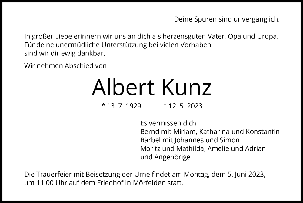  Traueranzeige für Albert Kunz vom 26.05.2023 aus OF