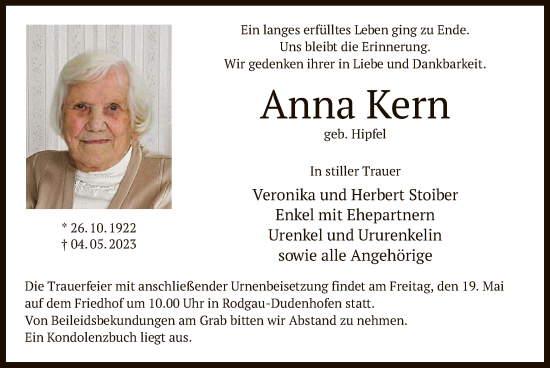 Traueranzeige von Anna Kern von OF