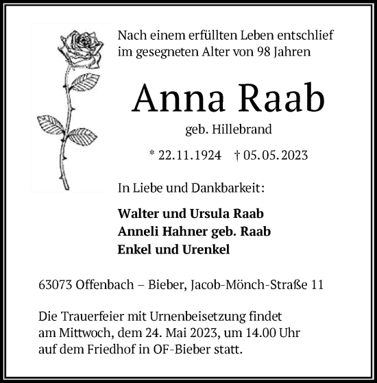 Traueranzeige von Anna Raab von OF