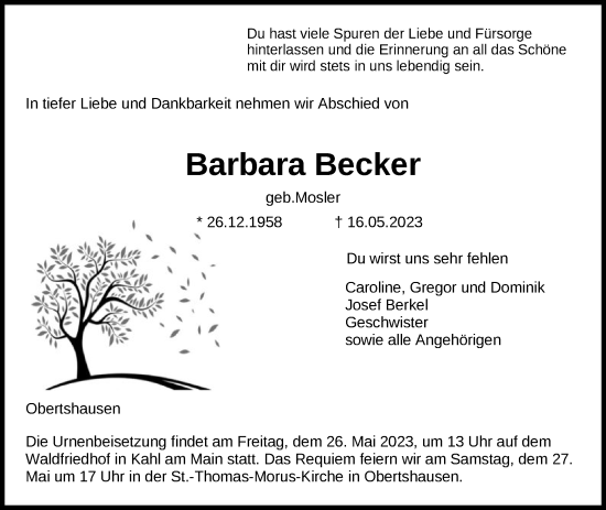 Traueranzeige von Barbara Becker von OF