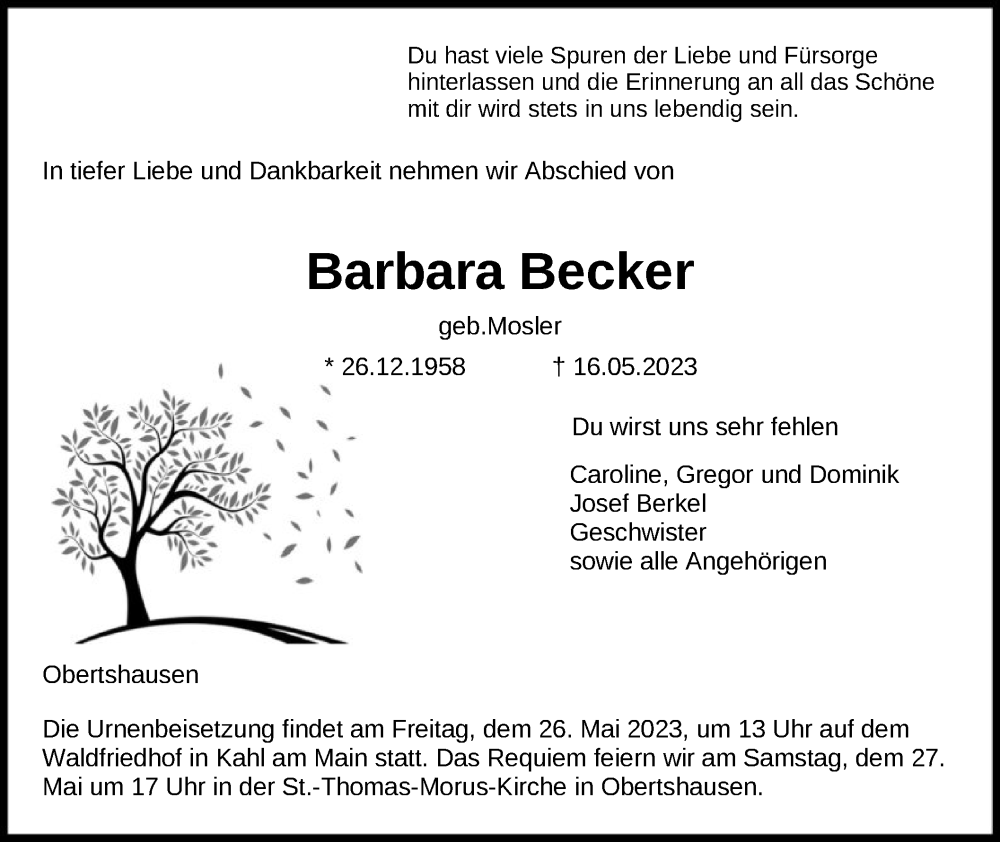  Traueranzeige für Barbara Becker vom 24.05.2023 aus OF