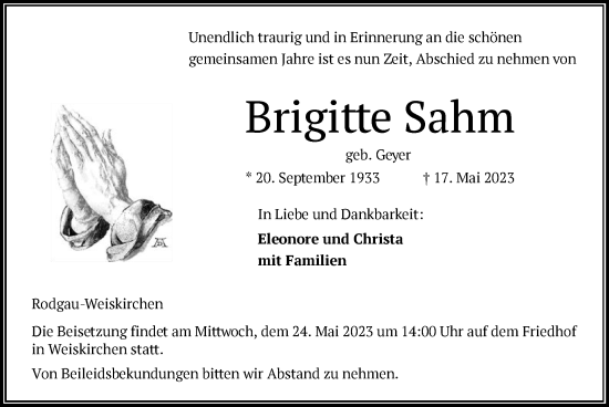 Traueranzeige von Brigitte Sahm von OF