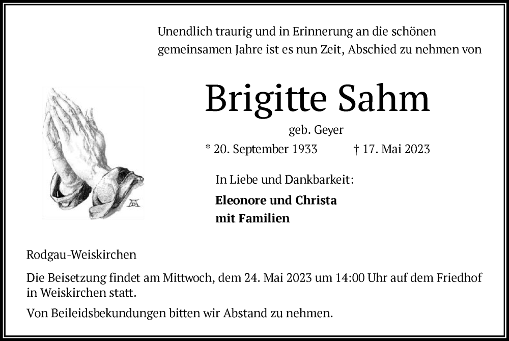  Traueranzeige für Brigitte Sahm vom 20.05.2023 aus OF