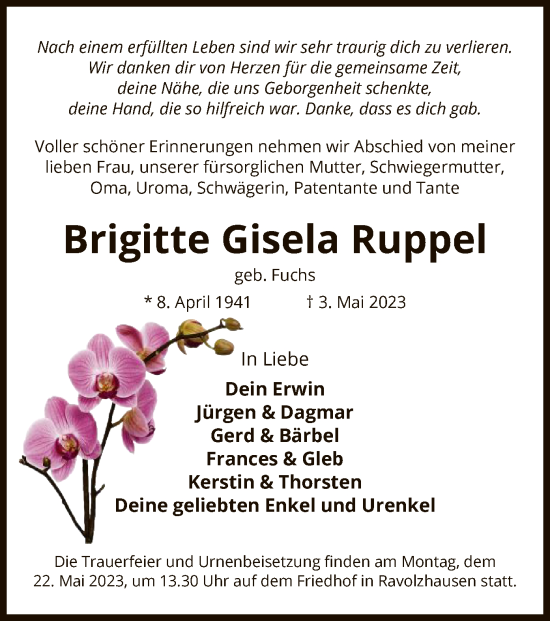 Traueranzeige von Brigitte Gisela Ruppel von OF