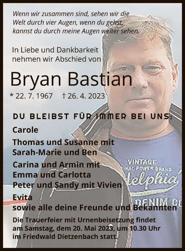  Traueranzeige für Bryan Bastian vom 04.05.2023 aus OF