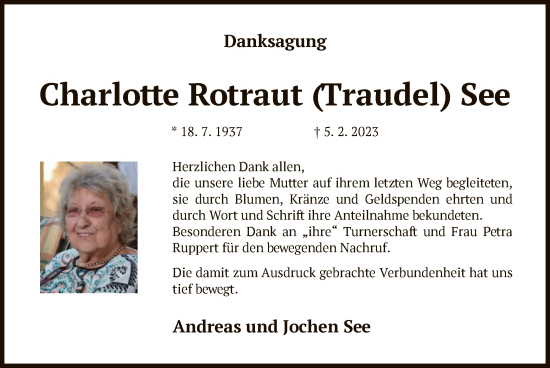 Traueranzeige von Charlotte Rotraut See von OF