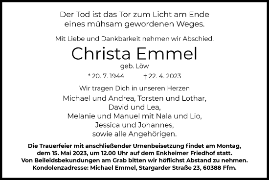 Traueranzeige von Christa Emmel von OF