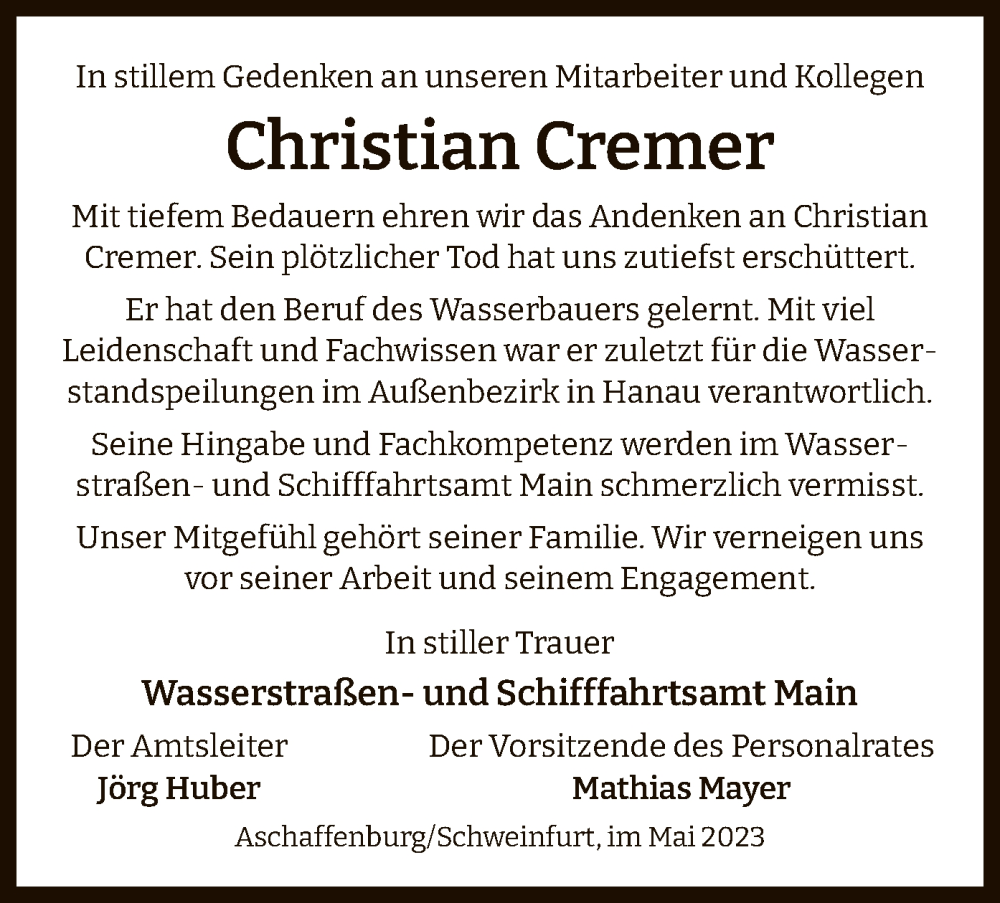  Traueranzeige für Christian Cremer vom 19.05.2023 aus OF