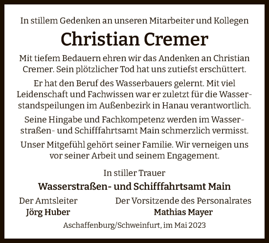 Traueranzeige von Christian Cremer von OF