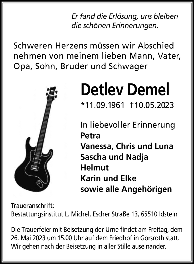  Traueranzeige für Detlev Demel vom 17.05.2023 aus OF