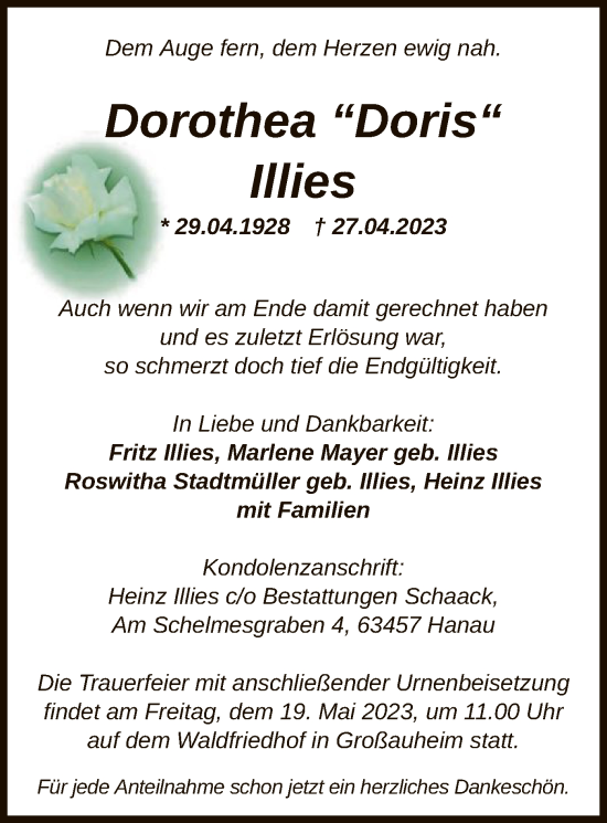 Traueranzeige von Dorothea Illies von OF