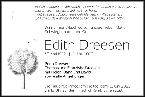 Traueranzeige von Edith Dreesen von OF