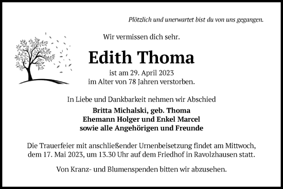 Traueranzeige von Edith Thoma von OF