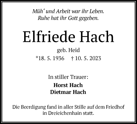 Traueranzeige von Elfriede Hach von OF