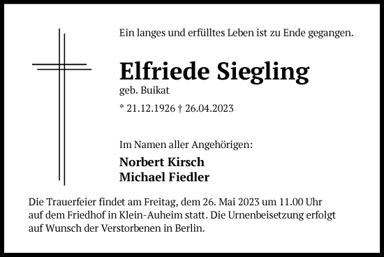 Traueranzeige von Elfriede Siegling von OF