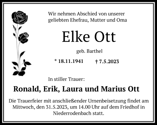 Traueranzeige von Elke Ott von OF